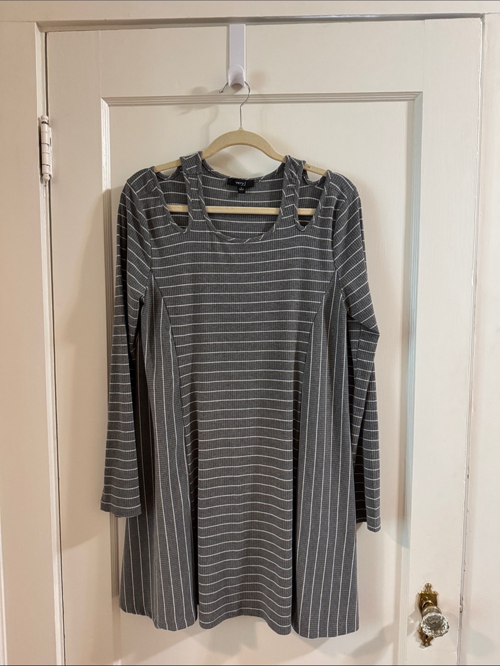 Striped Gray Cutout Shoulder Long Sleeve Dress